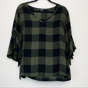 A.N.A. Plaid Ruffle Sleeve Blouse